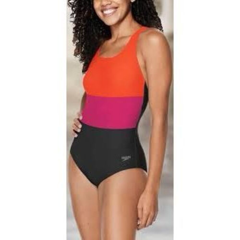 Speedo Size L Racerback One Piece Swimsuit Pink Orange Colorblock Stripe Sporty